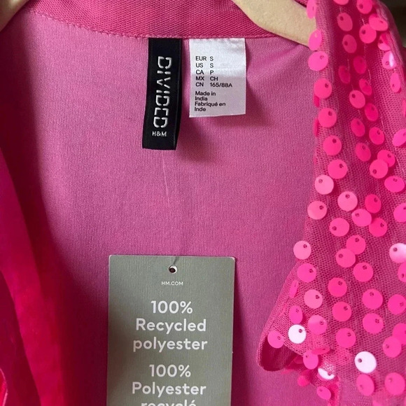 H&M pink sequins shirt mini dress button down Barbiecore long sleeve eras tour - Picture 5 of 8
